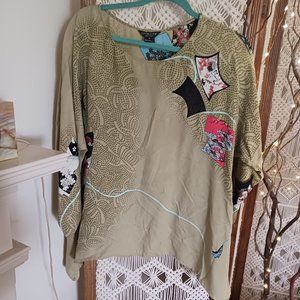 WOMENS CITRON SILK BLOUSE TOP TUNIC SIZE LARGE GREEN PRINT